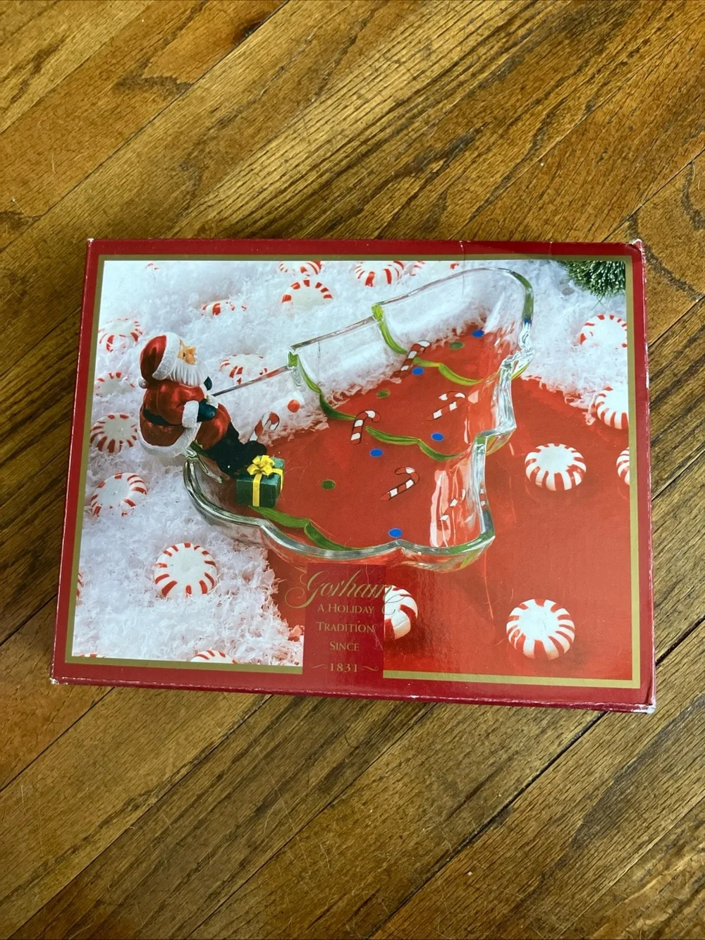 Gorham Winter Follies Tree Candy Dish w Santa Christmas 8'' Crystal Glass